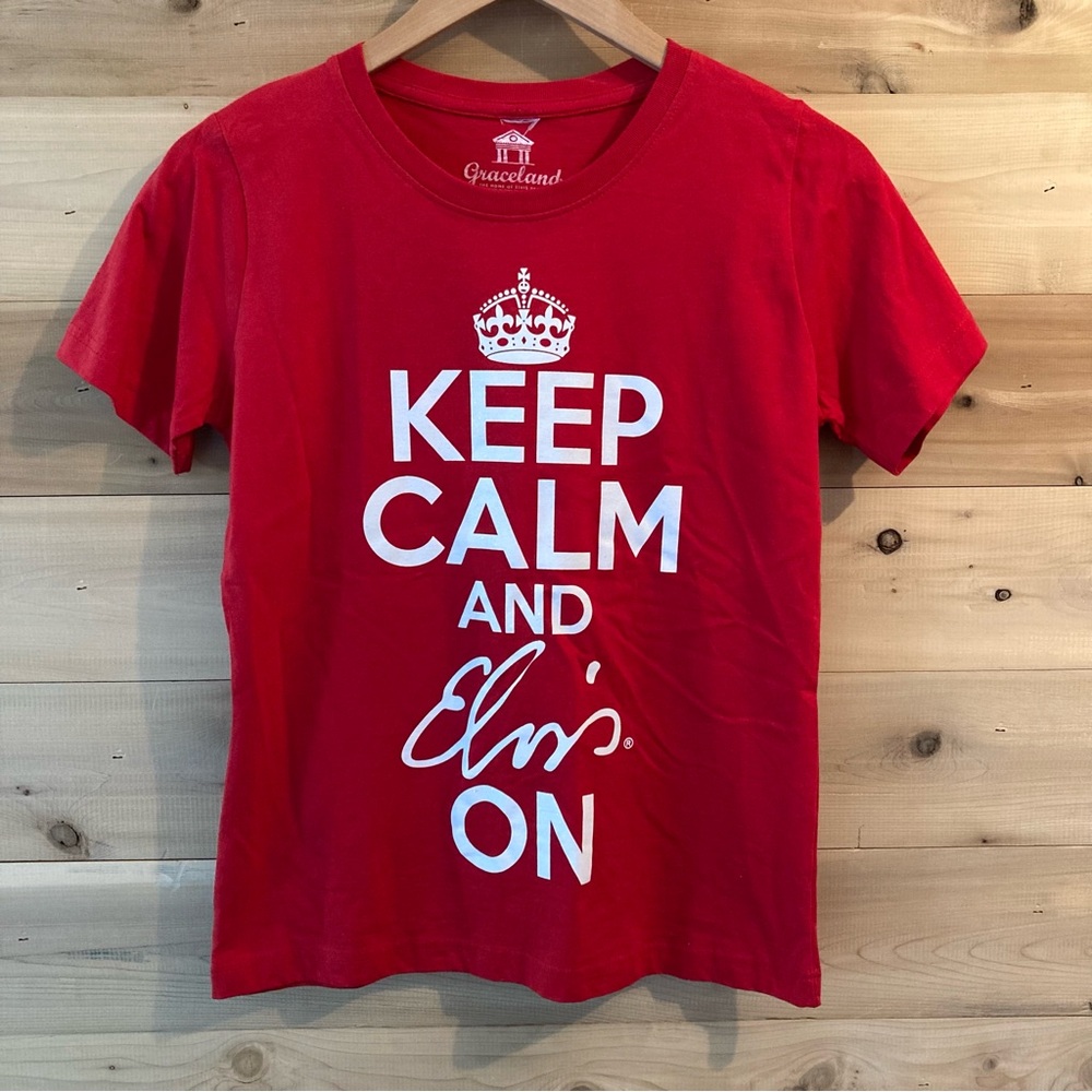 Graceland “Keep Calm and Elvis On” red and white sparkly T-shirt